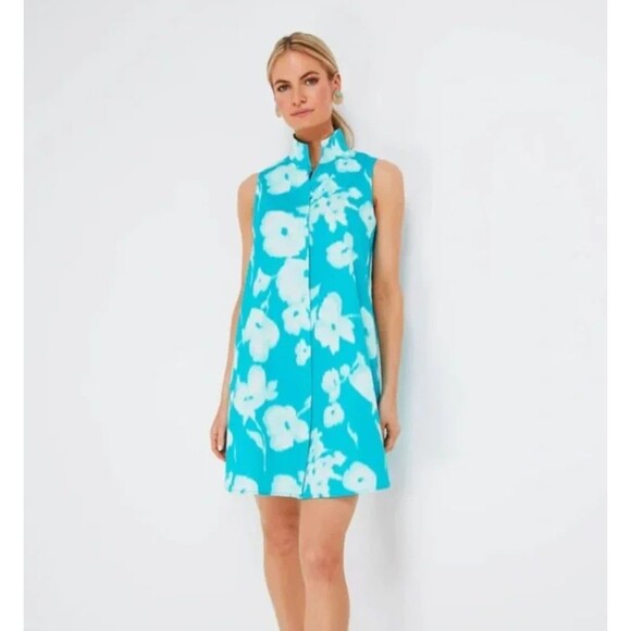 Tuckernuck Dresses & Skirts - Tuckernuck Sleeveless Charlie Shirt Dress Sz L Turquoise Watercolor Floral Print